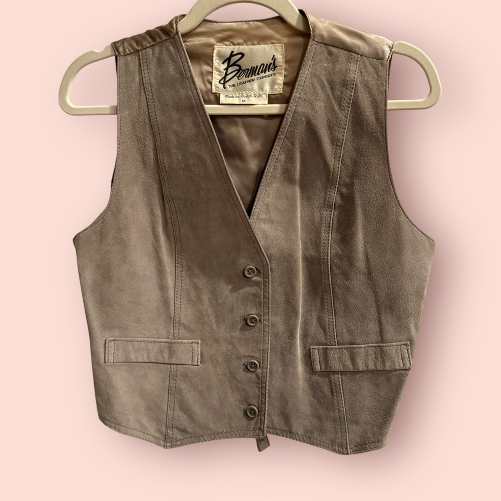 Vintage Brown / Taupe Genuine Leather Vest Minimal 90s Tailored Tie Back
